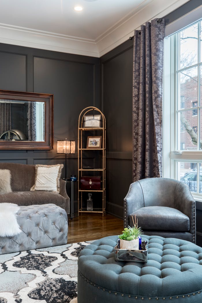 Vacant Gray Leather Tub Chair in Room